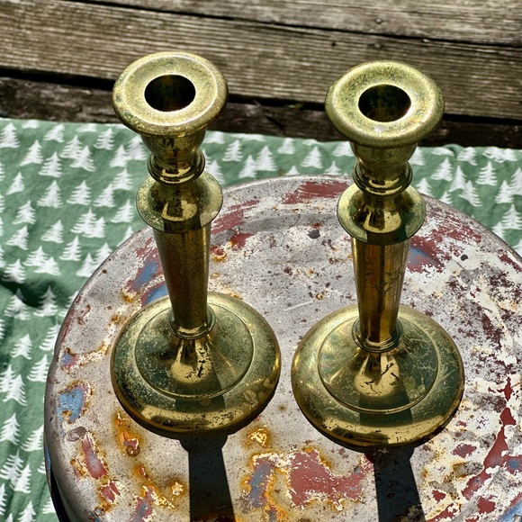 Antique Heavy Brass Virginia Metalcrafters Candle Holders Makers Mark Embossed